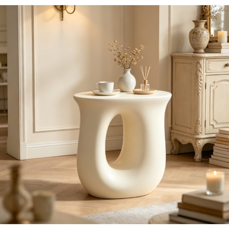 Home Decor Dopamine - U-förmiger Eck-Kaffeetisch, Kleiner Cremefarbener Beistelltisch für