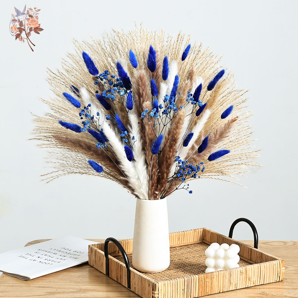 Dried Flower Bouquet - Blauer, flauschiger Kaninchenschwanz mit 70-Stiel, Pampasgras-Bündel,