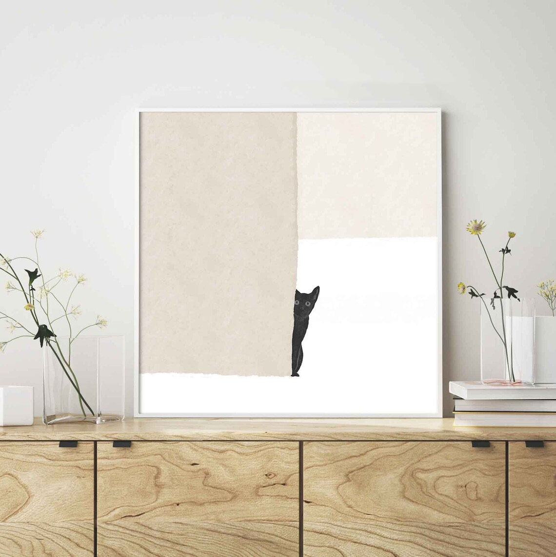 Home Decor Cat - Abstraktes schwarzes Katzenposter, druckbare Wandkunst, minimalistisch,